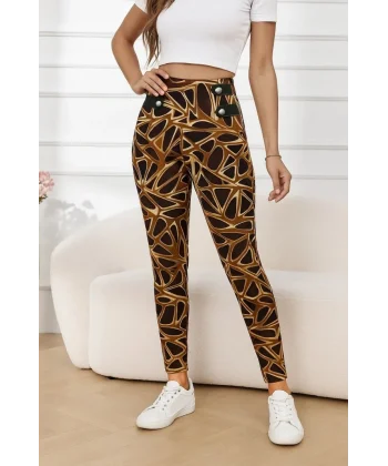 Kadın Yüksek Bel Kaz Ayağı Desenli Yan şerit Düğme Detaylı Dalgıç Pantolon