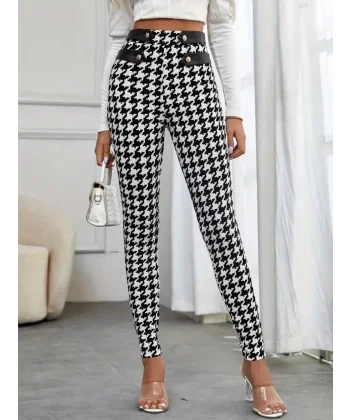 Kadın Yüksek Bel Kaz Ayağı Desenli Yan şerit Düğme Detaylı Dalgıç Pantolon