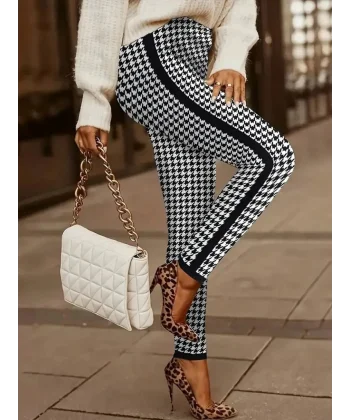Kadın Yüksek Bel Kaz Ayağı Desenli Yanları şeritli Dalgıç Pantolon