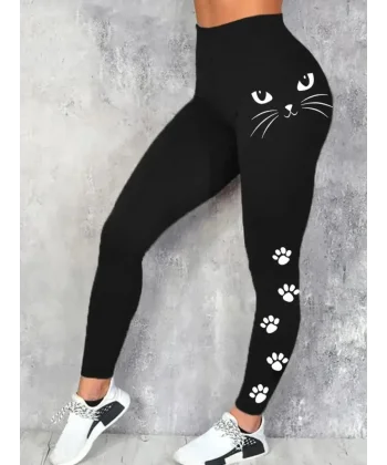 Kadın Yüksek Bel Kedi Baskılı Dalgıç Tayt