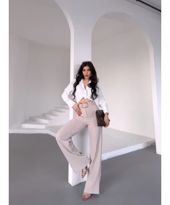 Kadın Yüksek Bel Krep Kumaş Full Likralı Ispanyol Paça Kemer Dahil Pantolon