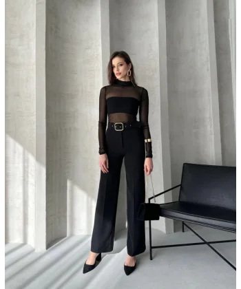 Kadın Yüksek Bel Krep Kumaş Full Likralı Ispanyol Paça Kemer Dahil Pantolon