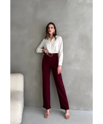 Kadın Yüksek Bel Krep Kumaş Full Likralı Ispanyol Paça Kemer Dahil Pantolon