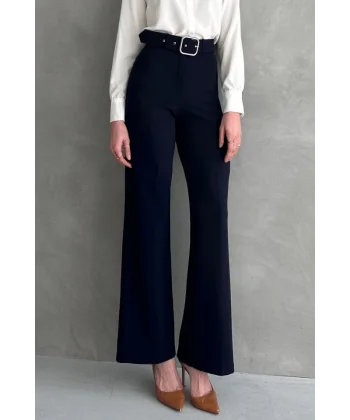 Kadın Yüksek Bel Krep Kumaş Full Likralı Ispanyol Paça Kemer Dahil Pantolon