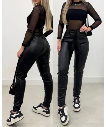 Kadın Yüksek Bel Kuşaklı Deri Pantolon