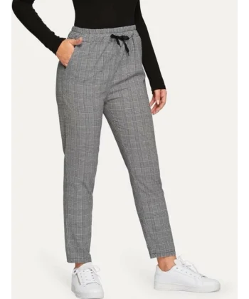 Kadın Yüksek Bel Lastik Detay Iki Iplik Kumaş Ekose Pantolon