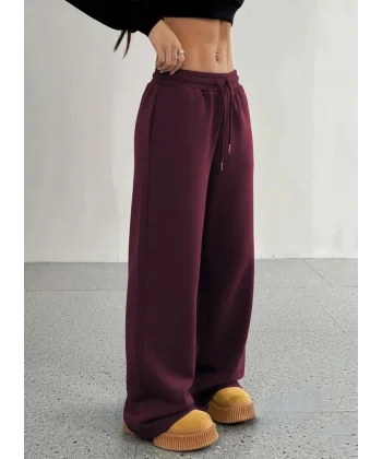 Kadın Yüksek Bel Lastikli Bağcıklı Geniş Kesim Dalgıç Mürdüm Pantolon