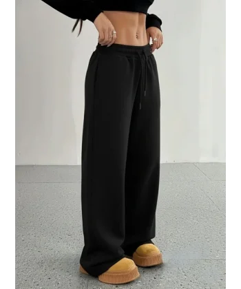 Kadın Yüksek Bel Lastikli Bağcıklı Geniş Kesim Dalgıç Pantolon