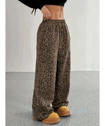 Kadın Yüksek Bel Lastikli Bağcıklı Geniş Kesim Iki Iplik Pantolon