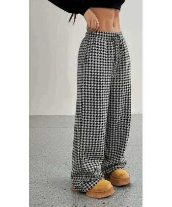 Kadın Yüksek Bel Lastikli Bağcıklı Geniş Kesim Kazayağı Dalgıç Pantolon