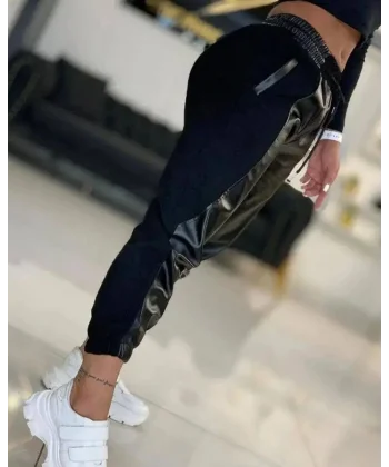 Kadın Yüksek Bel Lastikli Cepli Deri Detaylı Dalgıç Pantolon