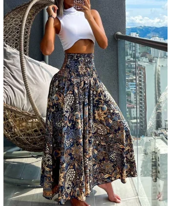 Kadın Yüksek Bel Lastikli Desenli Süprem Pantolon