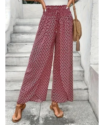 Kadın Yüksek Bel Lastikli önden Iki Parçalı Desenli Bürümcük Pantolon