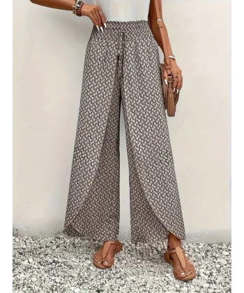 Kadın Yüksek Bel Lastikli önden Iki Parçalı Desenli Bürümcük Pantolon