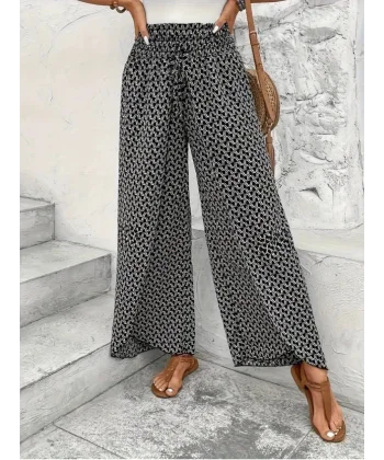 Kadın Yüksek Bel Lastikli önden Iki Parçalı Desenli Bürümcük Pantolon