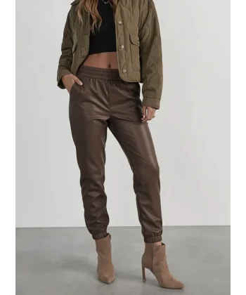 Kadın Yüksek Bel Lastikli önü Düğmeli Deri Pantolon