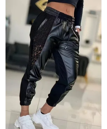 Kadın Yüksek Bel Lastikli Yanda Dantel Detaylı Bağcıklı Deri Pantolon