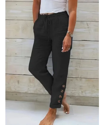 Kadın Yüksek Bel Lastikli Yandan Düğmeli Ithal Keten Pantolon