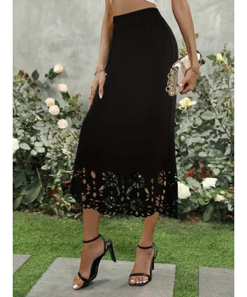 Kadın Yüksek Bel Lazer Kesim Detaylı Midi Ithal Krep Etek