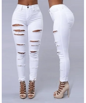 Kadın Yüksek Bel Lazer Yırtık Desenli Kot Pantolon