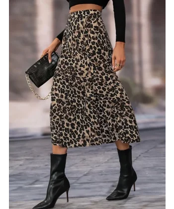 Kadın Yüksek Bel Leopar Desenli Midi Krep Etek