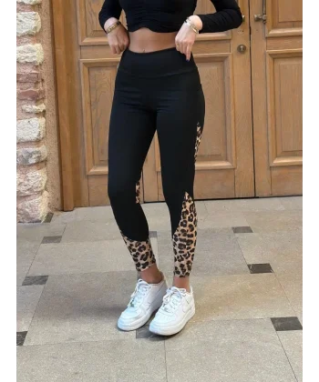 Kadın Yüksek Bel Leopar Detaylı Dalgıç Spor Tayt