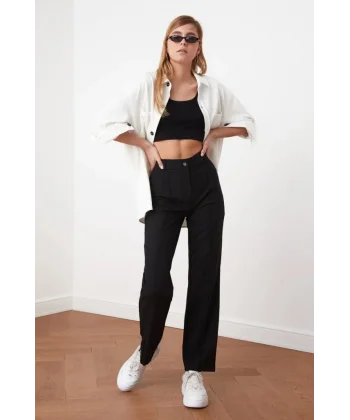 Kadın Yüksek Bel Nervurlu Ithal Krep Pantolon