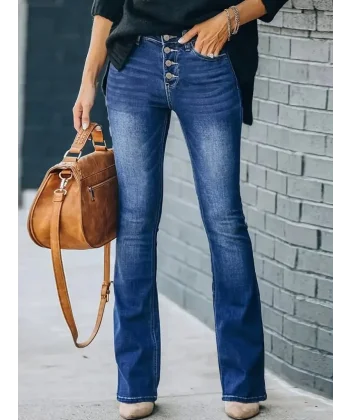 Kadın Yüksek Bel önden Düğmeli Cep Detay Ispanyol Paça Denim Pantolon
