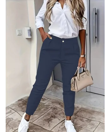 Kadın Yüksek Bel önden Düğmeli Cepli Bilek Lastik Detay Atlas Pantolon