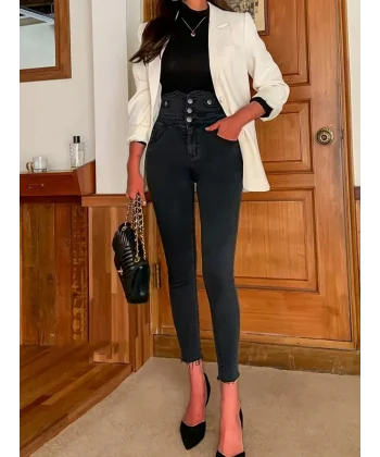 Kadın Yüksek Bel önden Düğmeli Cepli Dar Kesim Detaylı Kot Pantolon