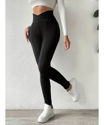 Kadın Yüksek Bel önden Düğmeli Dalgıç Tayt