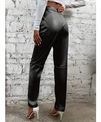 Kadın Yüksek Bel önden Düğmeli Deri Pantolon