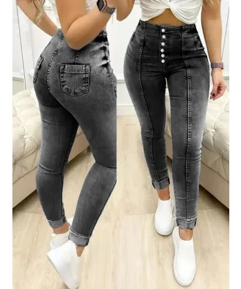 Kadın Yüksek Bel önden Düğmeli Jean Pantolon