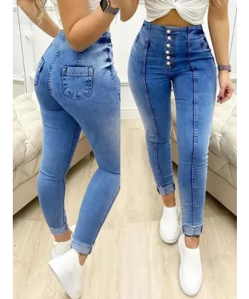 Kadın Yüksek Bel önden Düğmeli Jean Pantolon