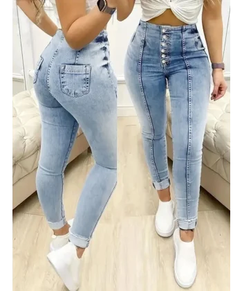 Kadın Yüksek Bel önden Düğmeli Jean Pantolon
