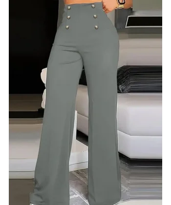 Kadın Yüksek Bel önden Düğmeli Uzun Paçaya Doğru Geniş Ithal Krep Pantolon