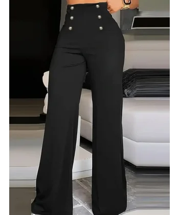 Kadın Yüksek Bel önden Düğmeli Uzun Paçaya Doğru Geniş Ithal Krep Pantolon