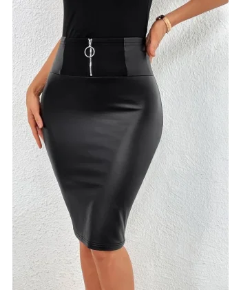 Kadın Yüksek Bel önden Fermuarlı Kalem Deri Etek