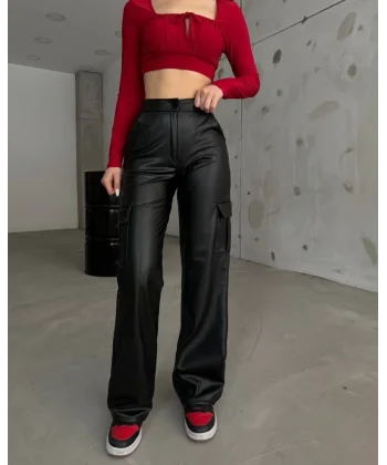 Kadın Yüksek Bel önden Fermuarlı Yandan Cep Detaylı Deri Kargo Pantolon