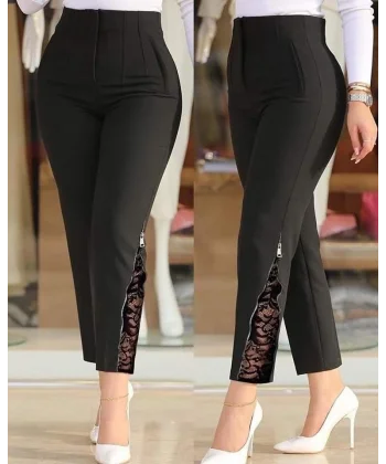 Kadın Yüksek Bel önden Nervürlü Ve Fermuarlı Yandan Dantelli Ithal Krep Pantolon