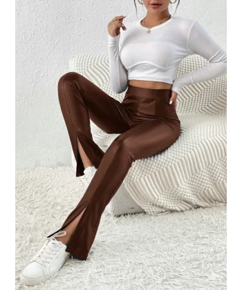 Kadın Yüksek Bel önden Yırtmaçlı Deri Tayt