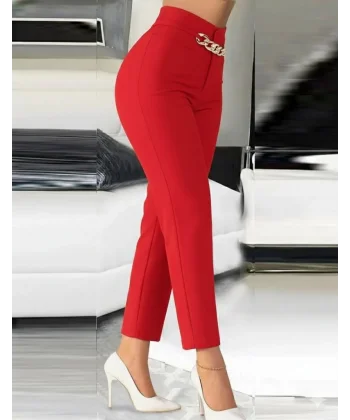 Kadın Yüksek Bel önden Zincir Detaylı Ithal Krep Pantolon