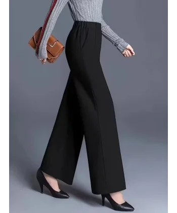 Kadın Yüksek Bel önü Nervürlü Paçaya Doğru Geniş Ithal Krep Pantolon