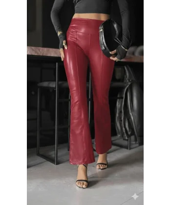 Kadın Yüksek Bel Paçaya Doğru Geniş Deri Pantolon