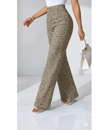 Kadın Yüksek Bel Paçaya Doğru Geniş Dokuma Pantolon