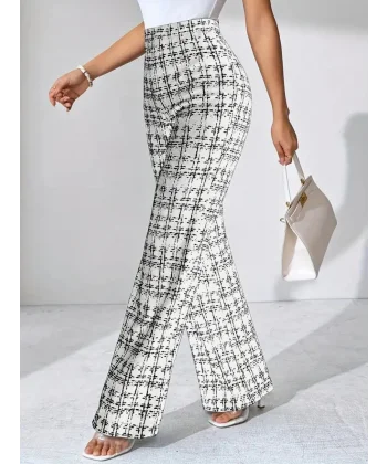 Kadın Yüksek Bel Paçaya Doğru Geniş Dokuma Pantolon