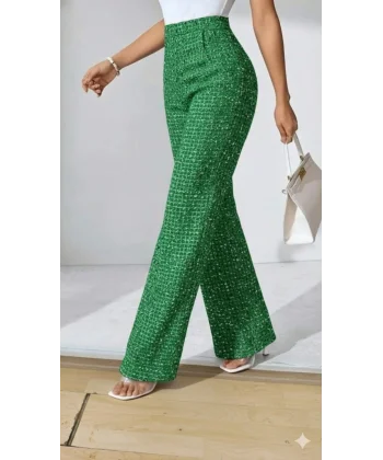 Kadın Yüksek Bel Paçaya Doğru Geniş Dokuma Pantolon