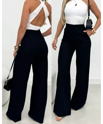 Kadın Yüksek Bel Paçaya Doğru Genişleyen Ithal Krep Pantolon