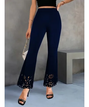 Kadın Yüksek Bel Paçaya Doğru Genişleyen Lazer çiçek Kesim Detaylı Ithal Krep Pantolon