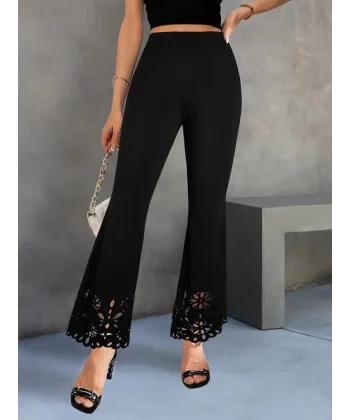 Kadın Yüksek Bel Paçaya Doğru Genişleyen Lazer çiçek Kesim Detaylı Ithal Krep Pantolon